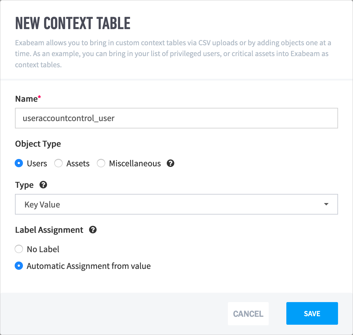 An example of creating New Context Table with name, object type, key-value type, label assignment form.