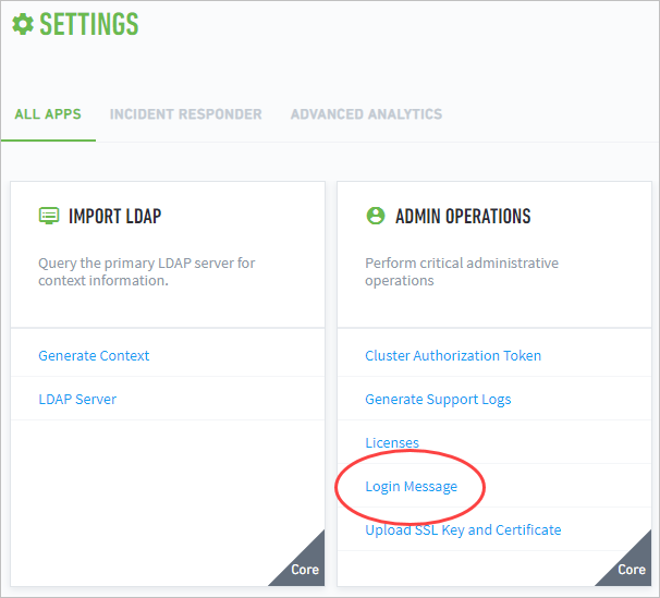 The Admin Operations settings panel with the Login Message link highlighted with a red circle.