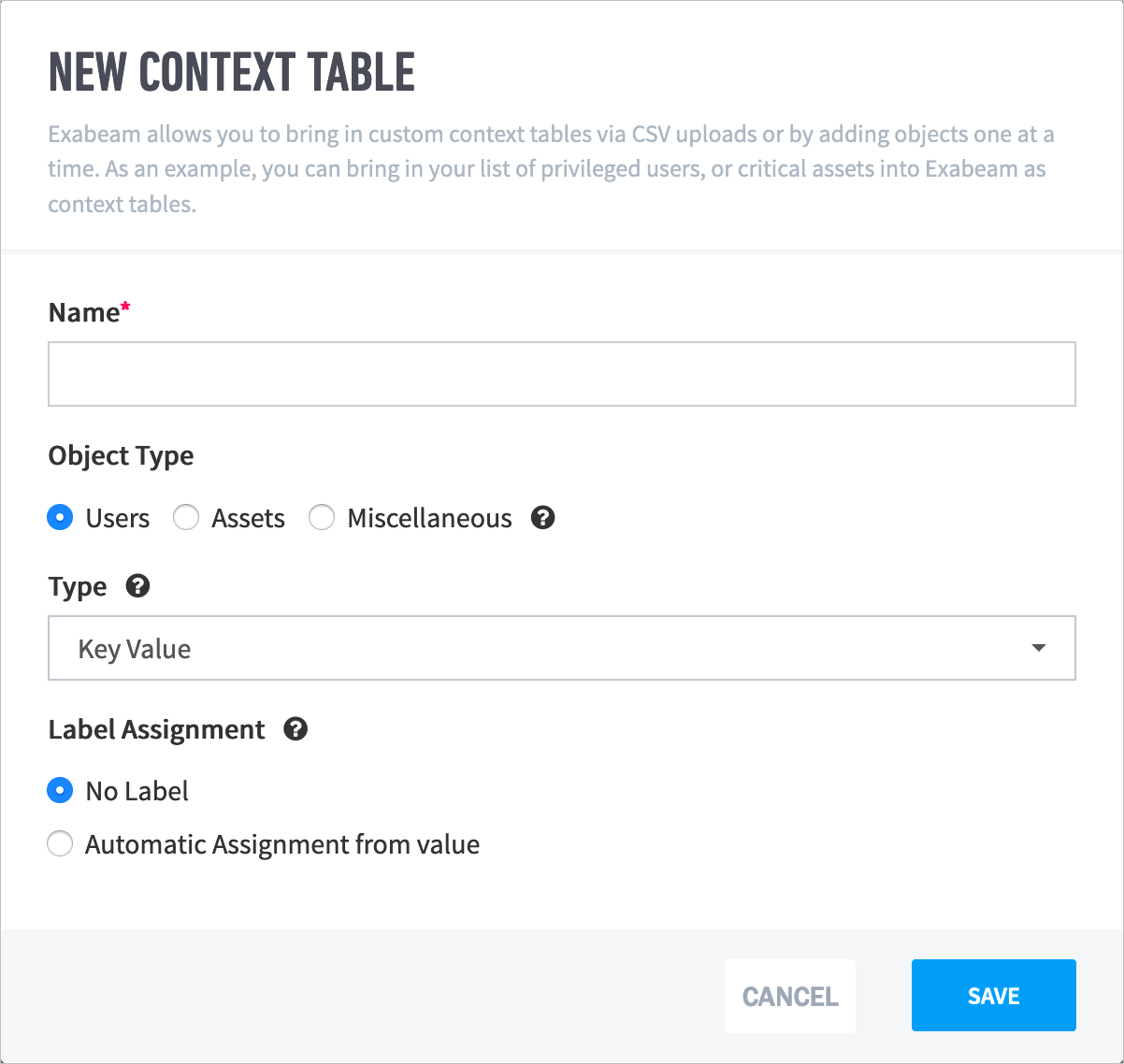 New Context Table with name, object type, key-value type, label assignment form.