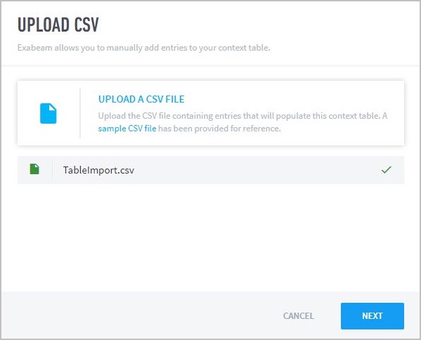 An Upload CSV File to upload table and add entries to context table.