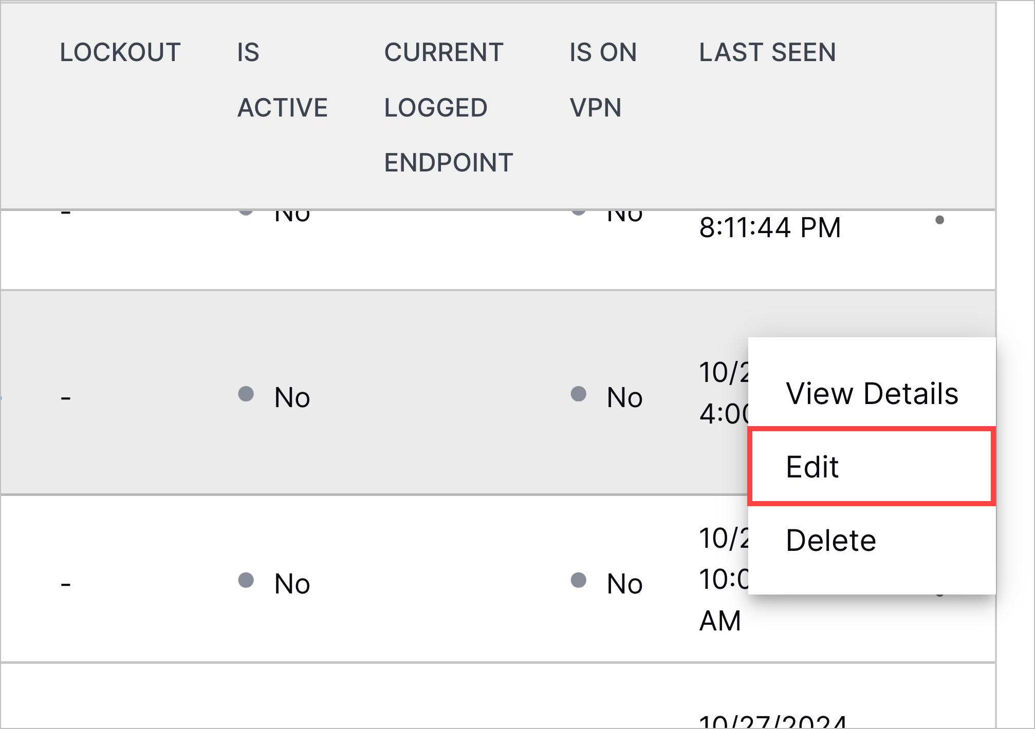 The more menu open for an entity with the Edit option highlighted in a red rectangle.