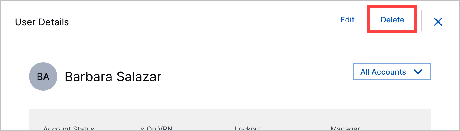 The details for user entity Barbara Salazar with the Delete action highlighted in a red rectangle.