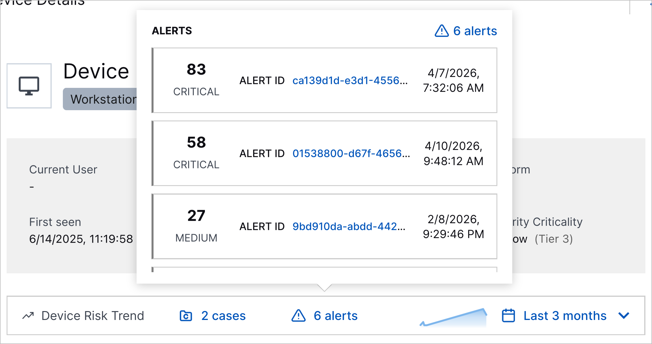 Minimized Device Risk Trend showing the open alerts tooltip.