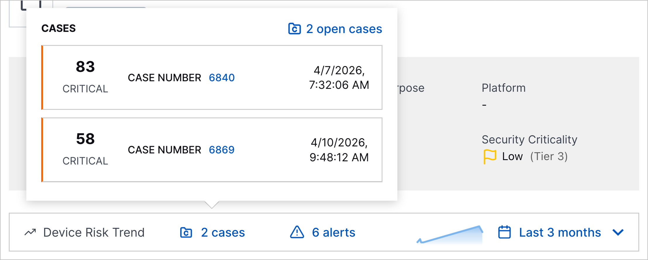 Minimized Device Risk Trend showing the open cases tooltip.