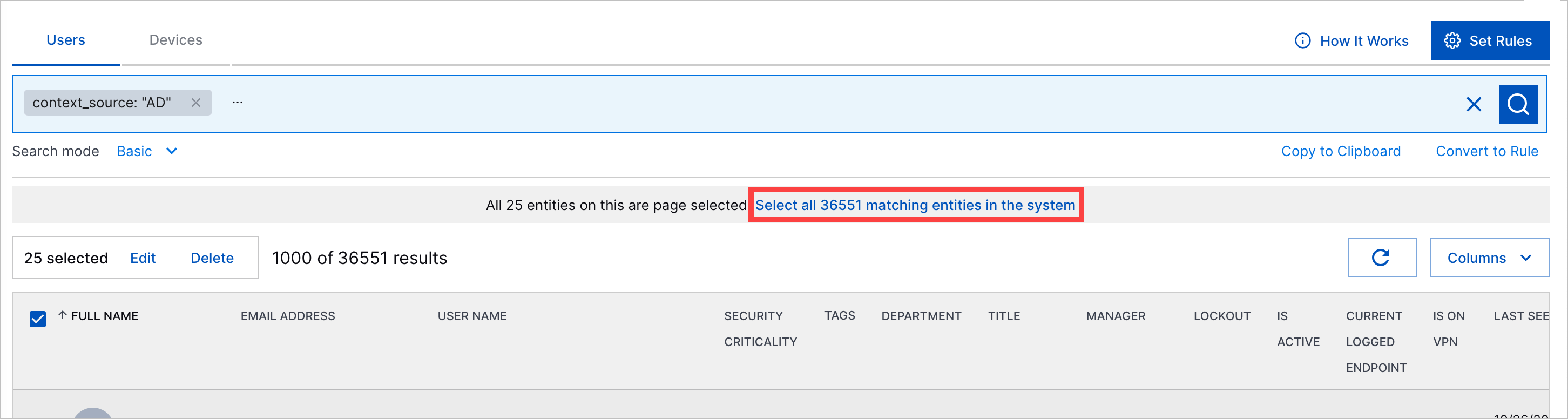The checkbox in the header row selected with the Select all 36551 matching entities in the system action highlighted in a red rectangle.
