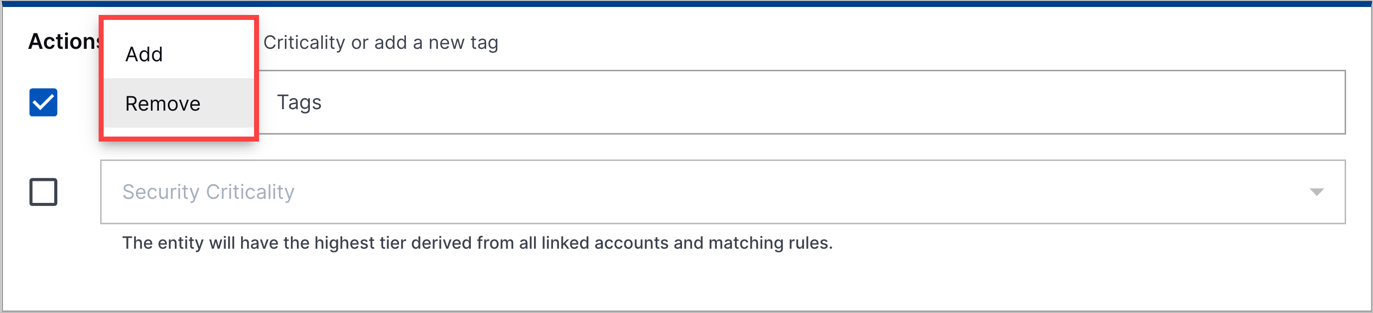 The action menu for Tags highlighted in a red rectangle.