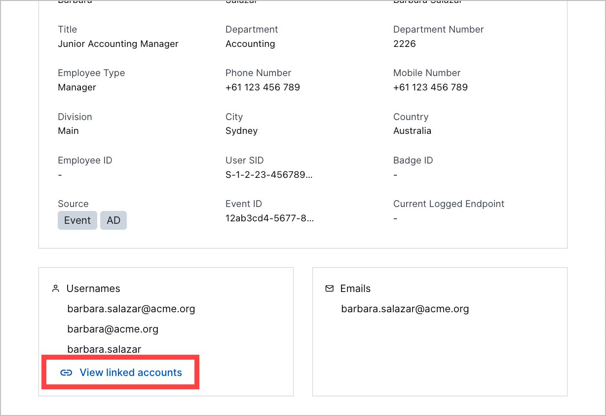 User entity details with the View linked accounts action highlighted in a red rectangle.