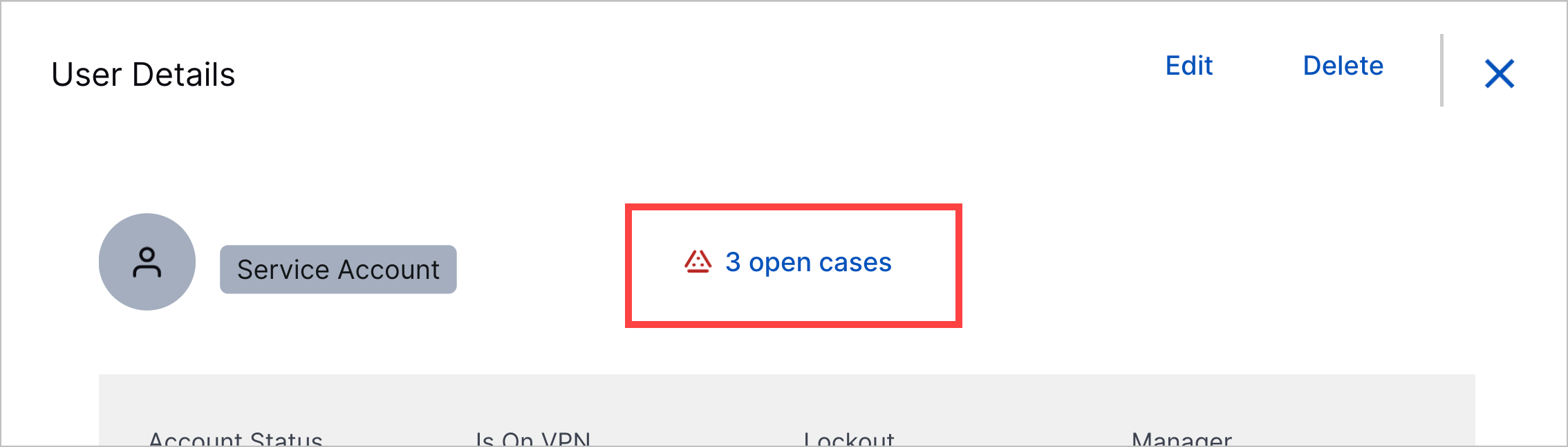 User details showing associated open Threat Center cases.