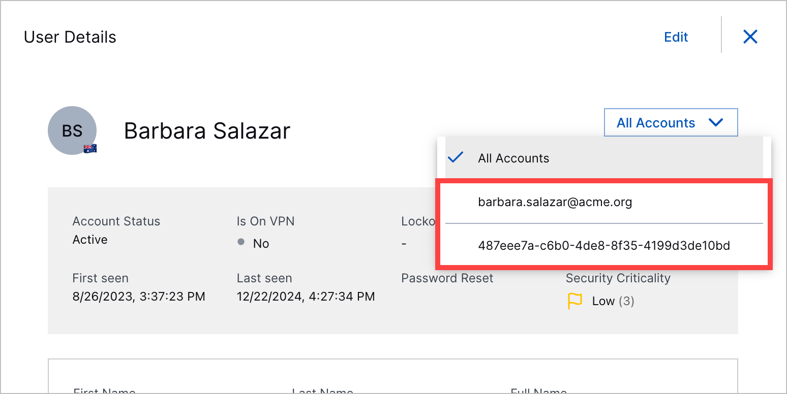 The user details for user Barbara Salazar with other associated accounts highlighted in a red rectangle.