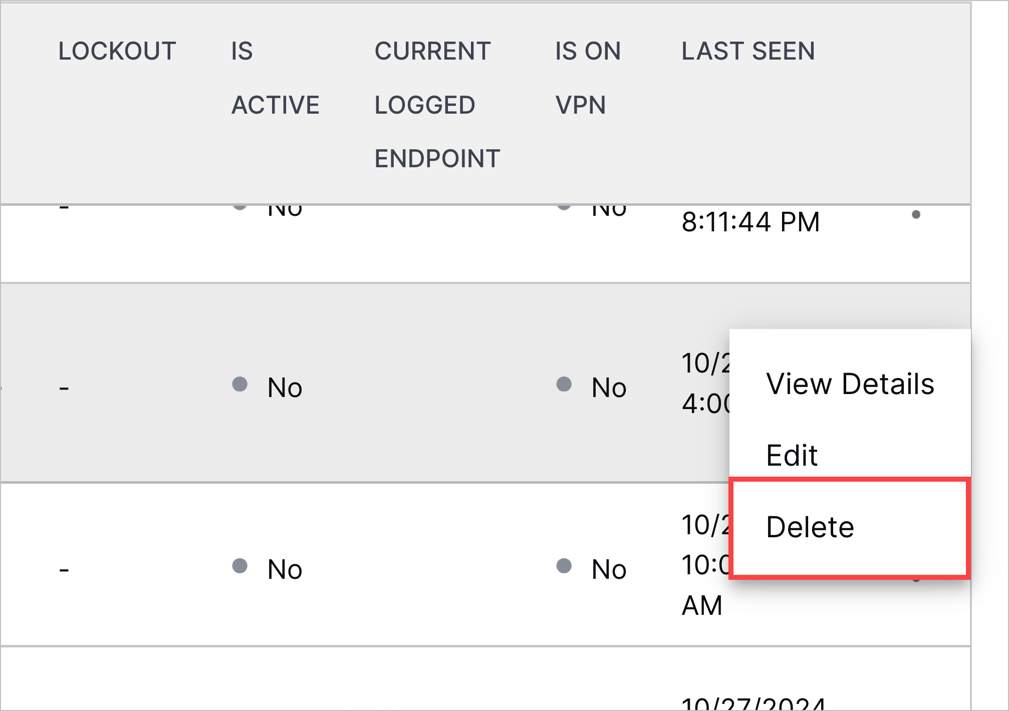The more menu open for an entity with the Delete option highlighted in a red rectangle.