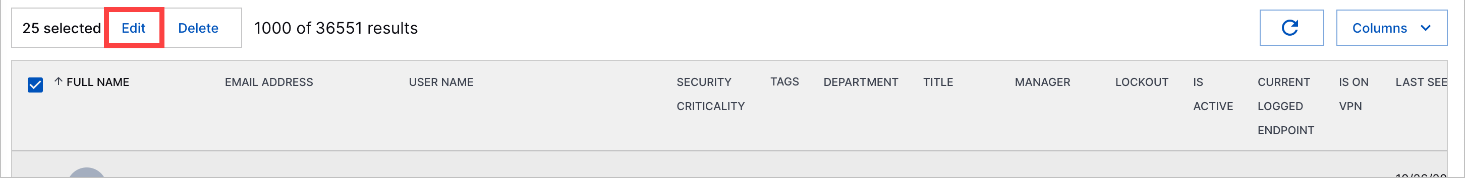 The Edit action highlighted in a red rectangle.