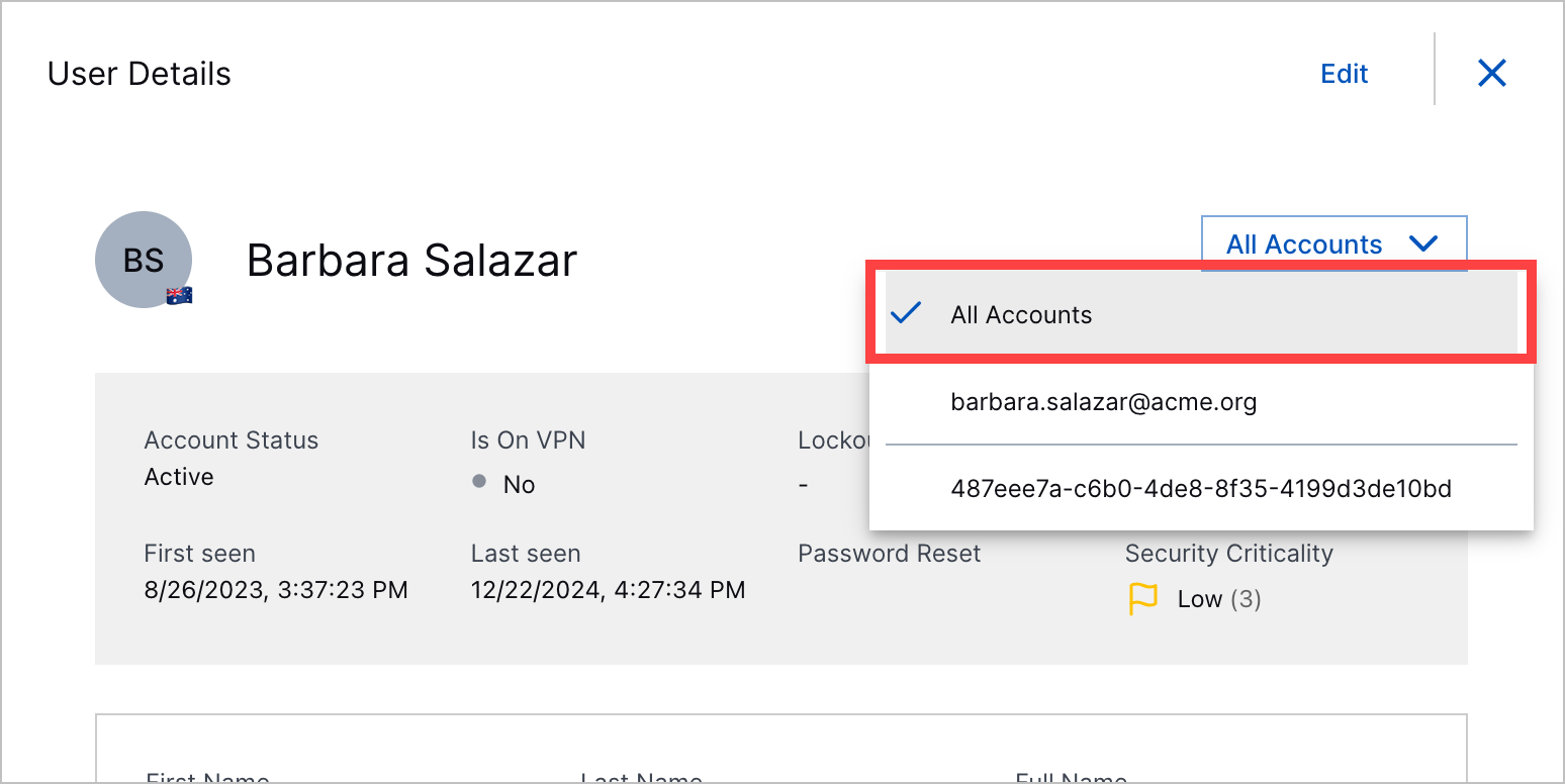 The user details for user Barbara Salazar with All Accounts highlighted in a red rectangle.