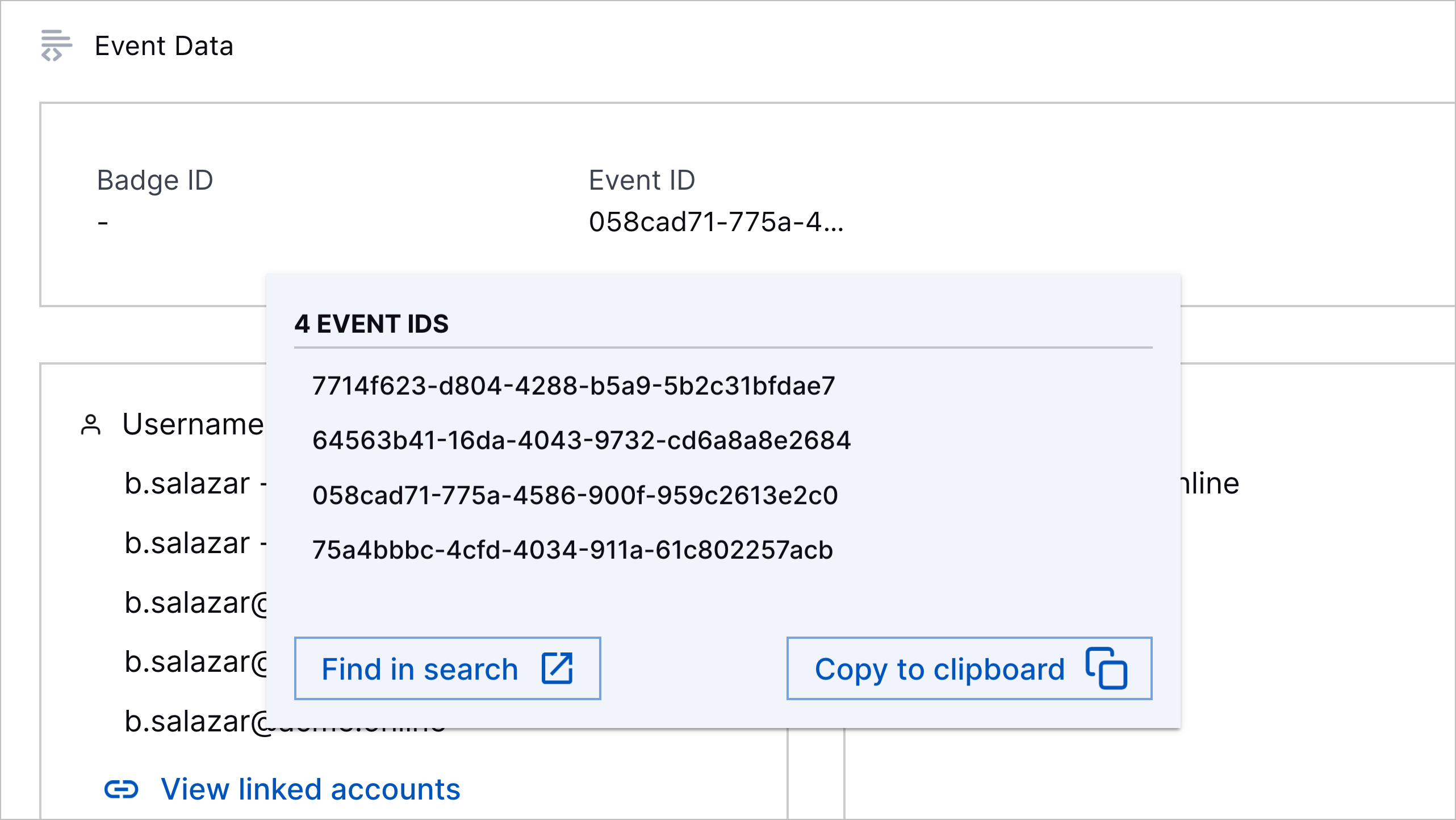 A list of event IDs that appear when you hover over the Event IDs field in user entity details.