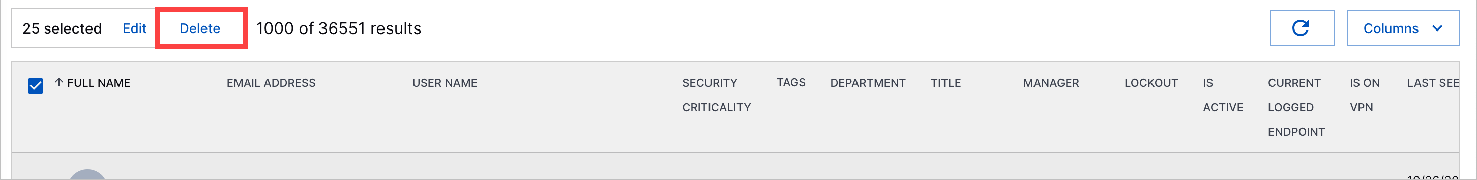 The Delete action highlighted in a red rectangle.