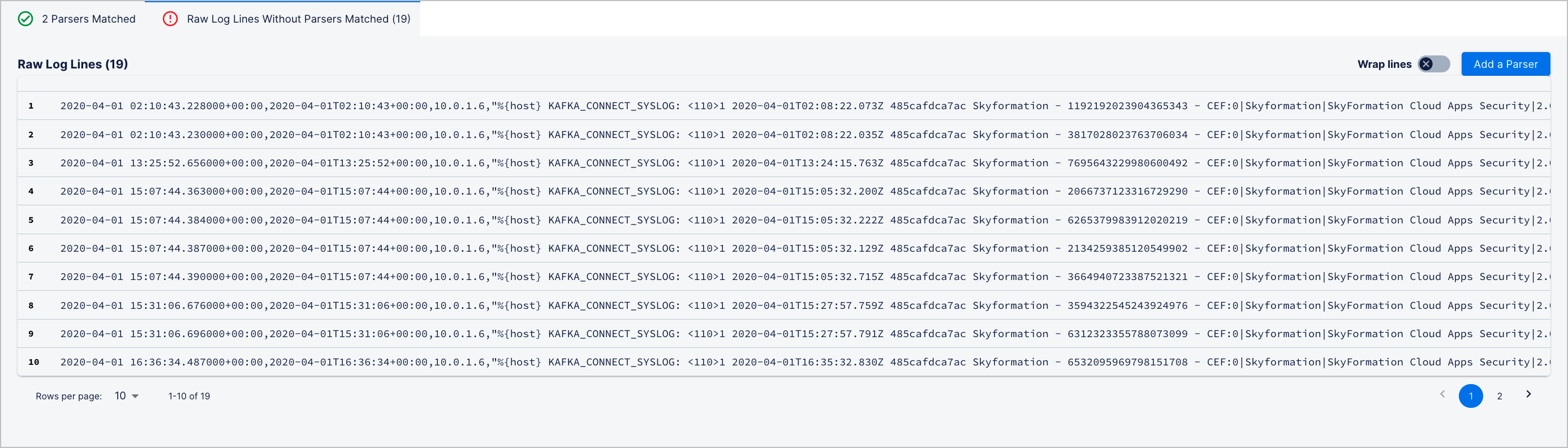 A numbered list of log lines that don't match any existing parsers, with a blue Add Parser button.