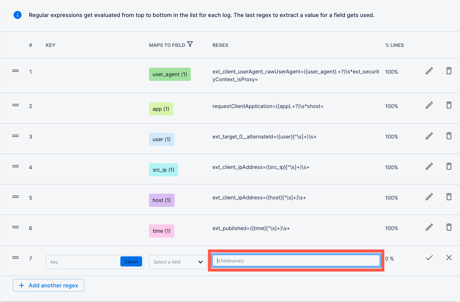 The app event type field with the regex field selected.