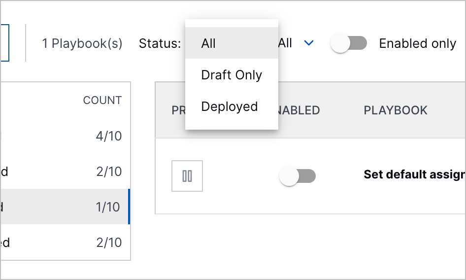 The playbook status filter expanded.