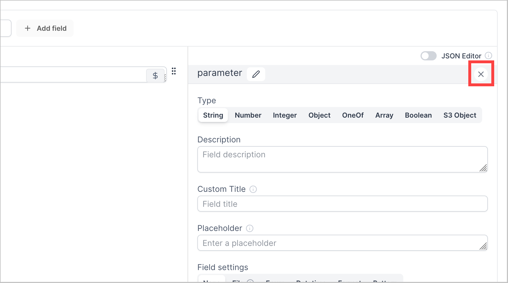 The delete button next to the parameter field highlighted in a red rectangle.