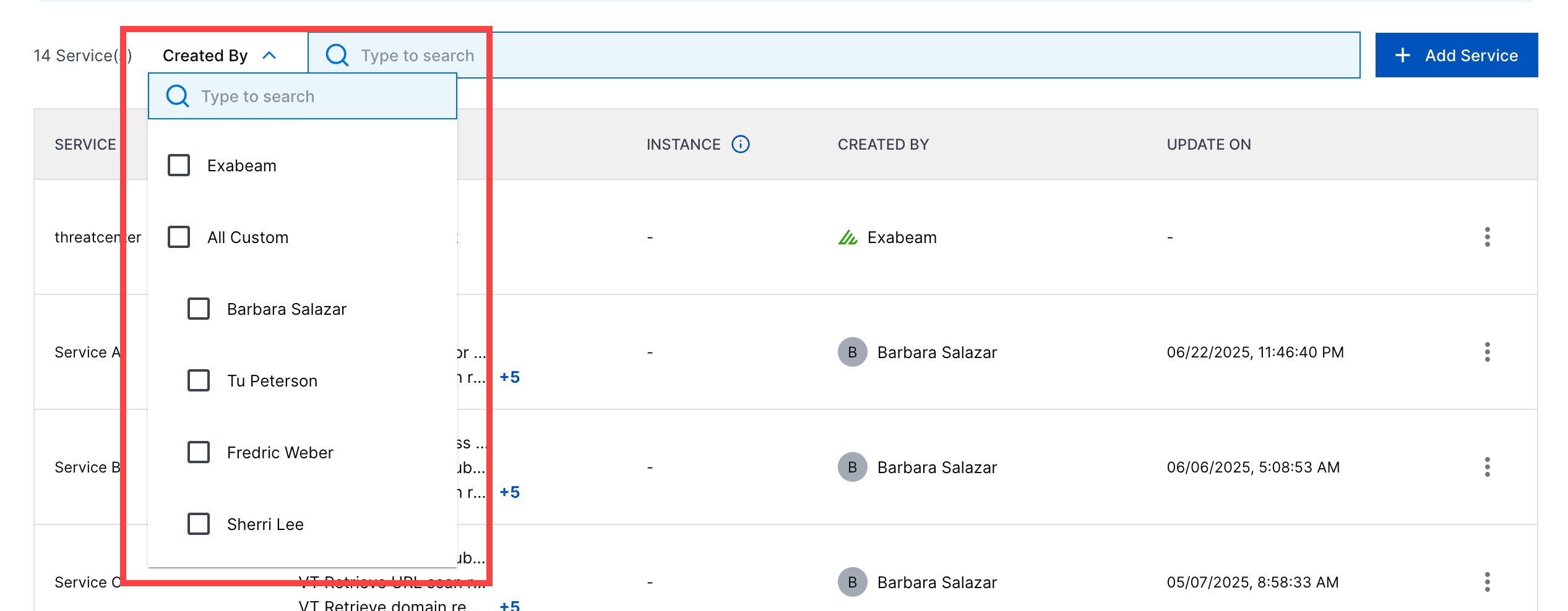 The Services tab with the Created By filter highlighted in a red rectangle.
