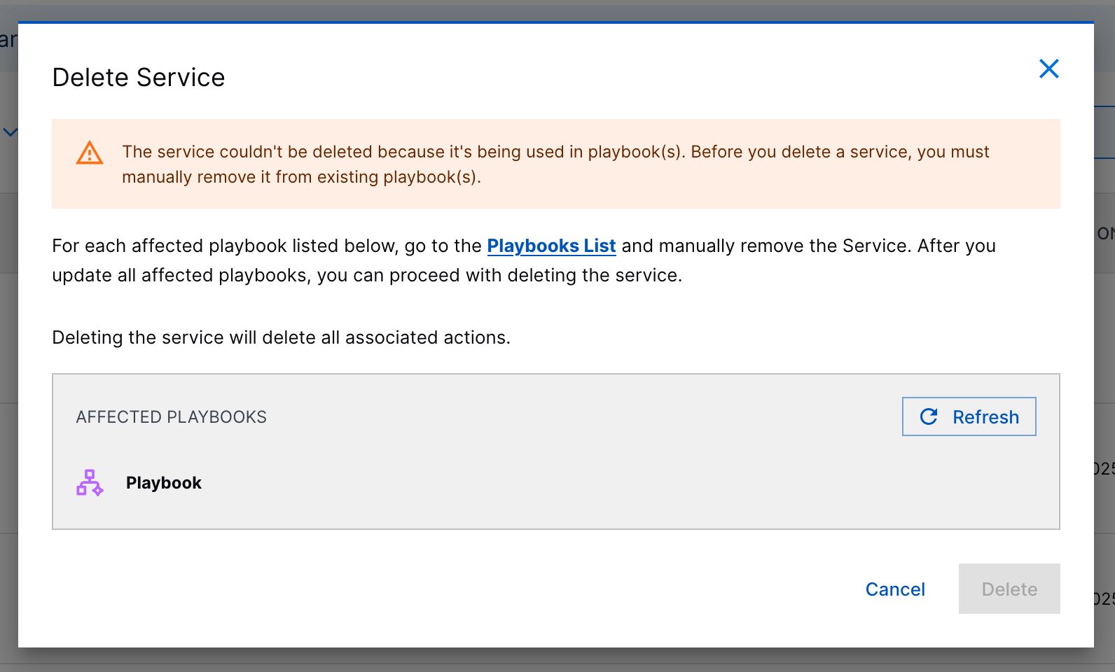 The Delete Service dialog with a warning about removing the service from playbooks before deletion.