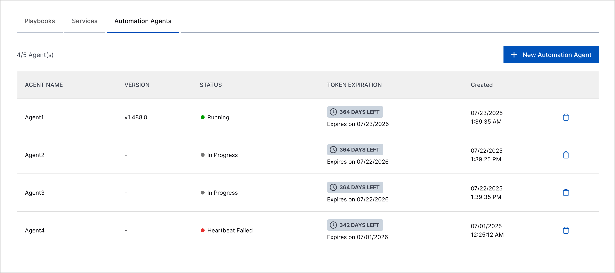 The Automation Agents tab in Automation Management.