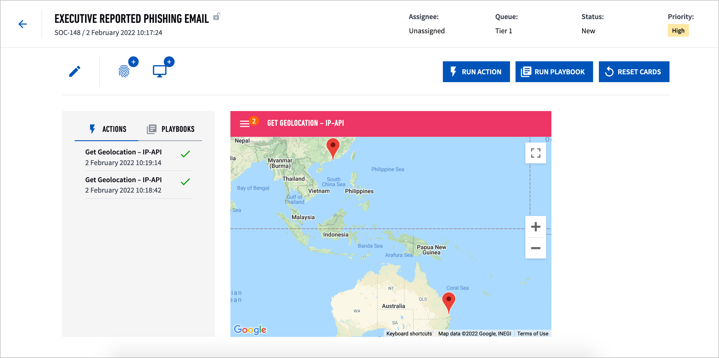 The workbench of an incident displaying the results of the Get Geolocation – IP-API action.