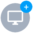 A grey circle with a white computer, and a blue circle with a white + in the top right.