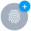 A grey circle with a white finger print, and a blue circle with a white + in the top right.