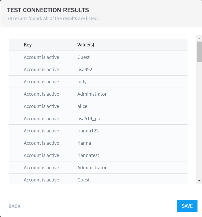 Test Connection result of an LDAP connection with key-value pair.