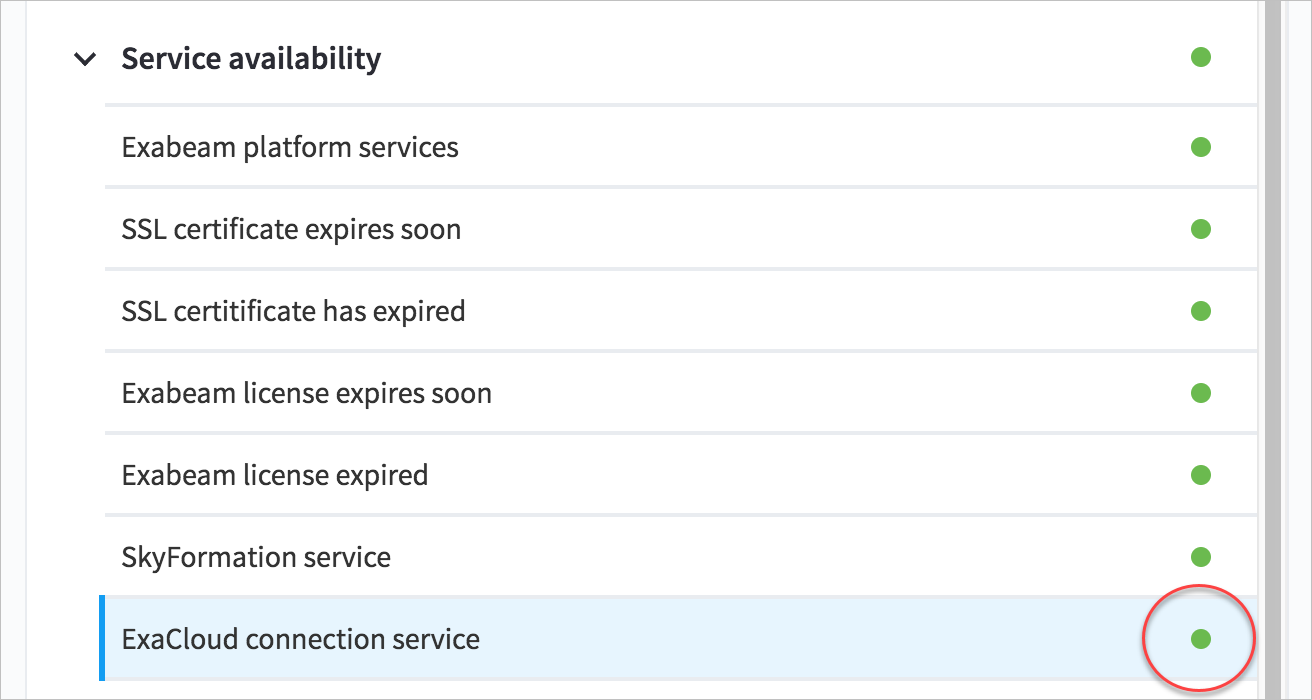 Service health with green dots indicate active and healthy service.