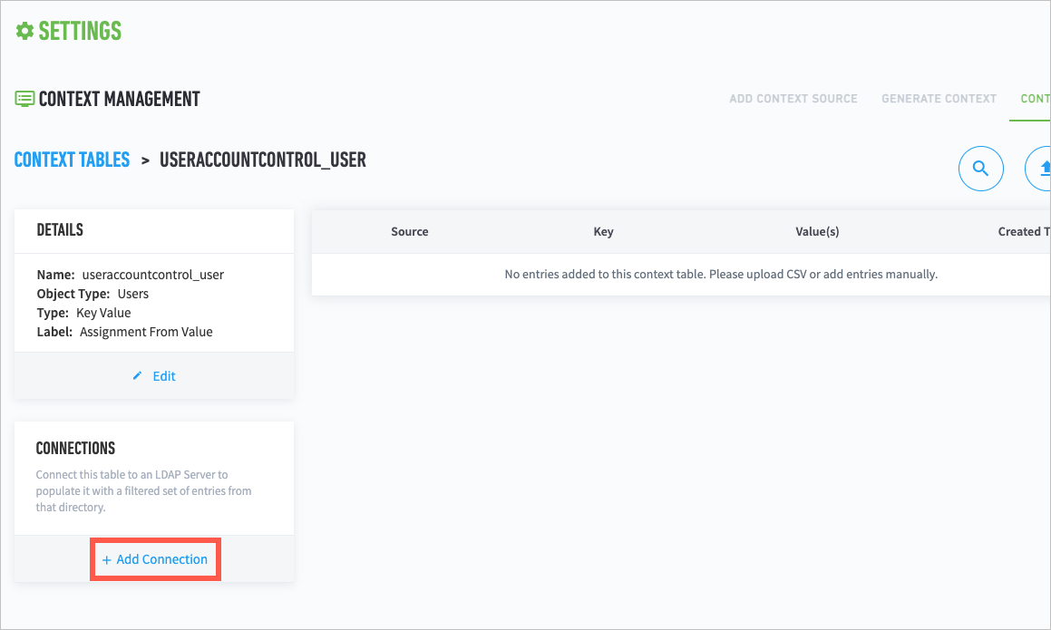 User account control in context table to add connections.