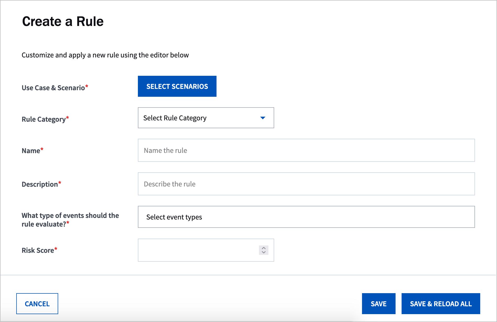The Create a Rule page in Advanced Analytics Exabeam Rules settings.