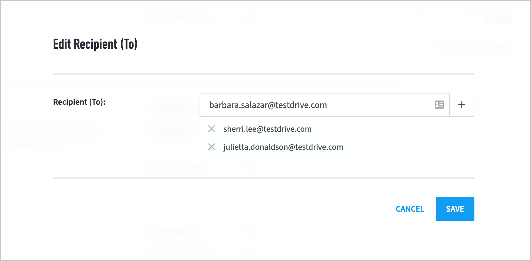 The Phishing incident type Recipient (To) incident field with julietta.donaldson@testdrive.com and @sherri.lee@testdrive.com added, and barbara.salazar@testdrive.com entered in the text box.