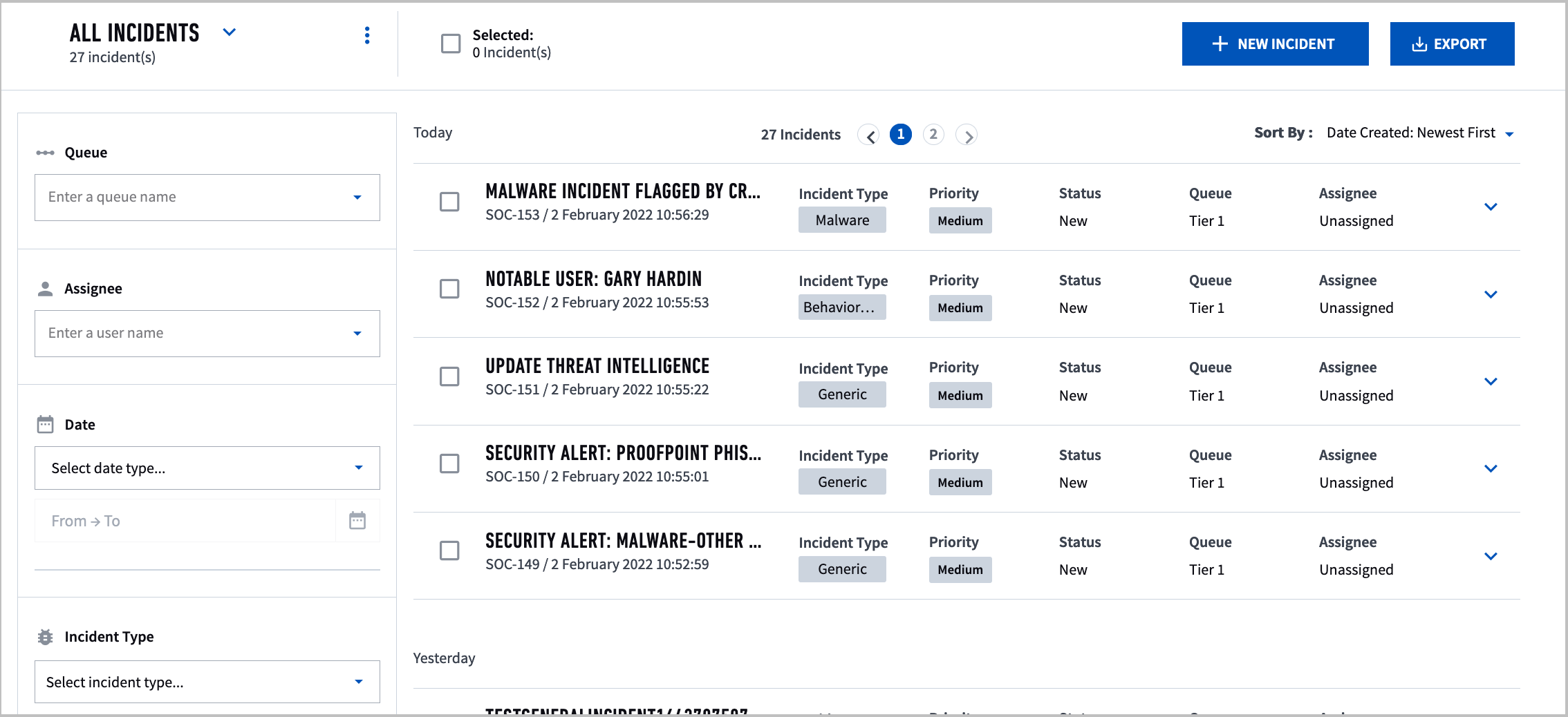 The Incidents page; there are a list of incidents, filters on the left, a sort by menu, and a blue button to manually add new incidents.