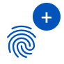 A dark blue fingerprint and a dark blue circle with a white plus sign in the top right.