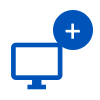 A dark blue computer and a dark blue circle with a white plus sign in the top right.