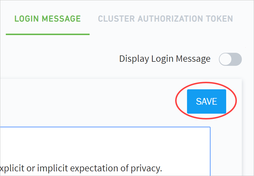 Admin Operations settings, under the Login Message tab, with the Save button highlighted with a red circle.