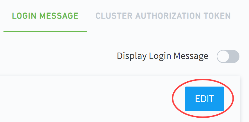 Admin Operations settings, under the Login Message tab, with the Edit button highlighted with a red circle.
