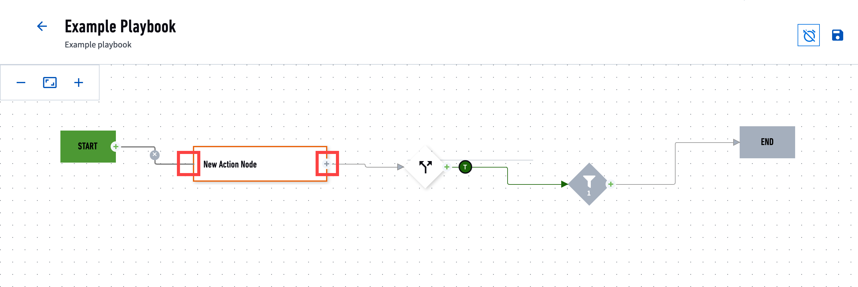 An example playbook with a start node linked to a new action node, linked to a decision node, linked to a filter node; the new action node inbound and outbound ports are highlighted with red circles.