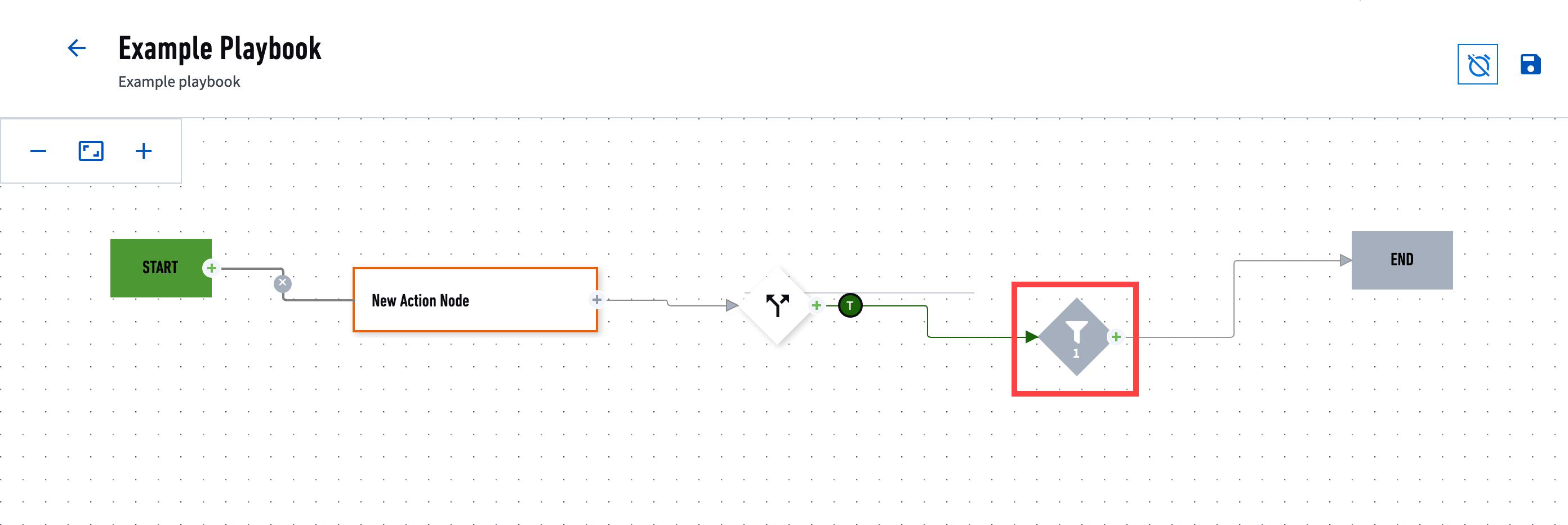 An example playbook with a start node that connects to a new action node, that connects to a decision node, that connects to a filter node; the filter node is highlighted with a red rectangle.