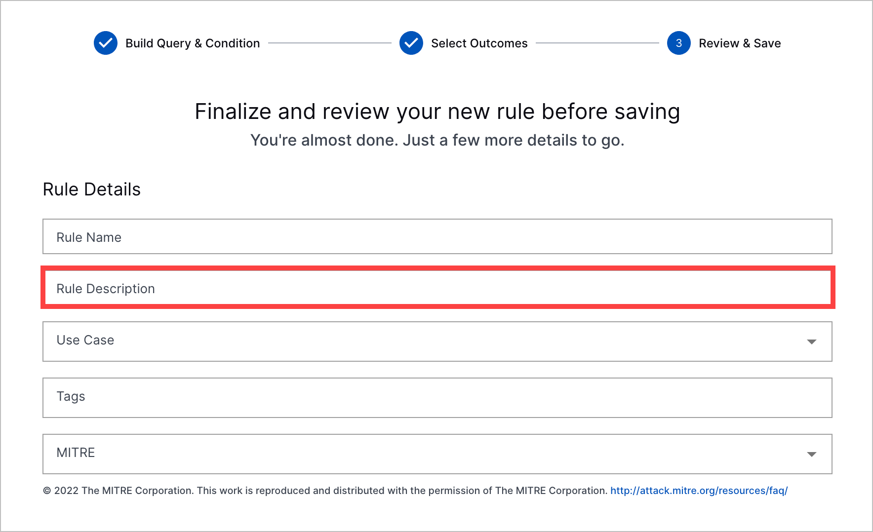 The Review & Save step of creating or editing a correlation rule, with the Rule Description field highlighted with a red rectangle.