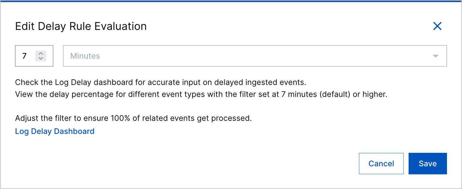 The modal to edit the rule evaluation delay with information about checking the Log Delay dashboard to help determine the appropriate rule evaluation delay value.