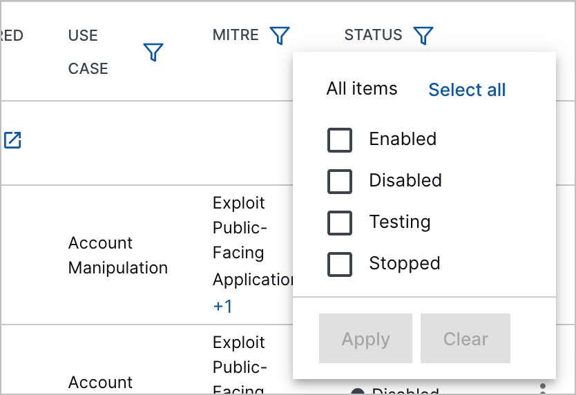 The Status filters for correlation rules.