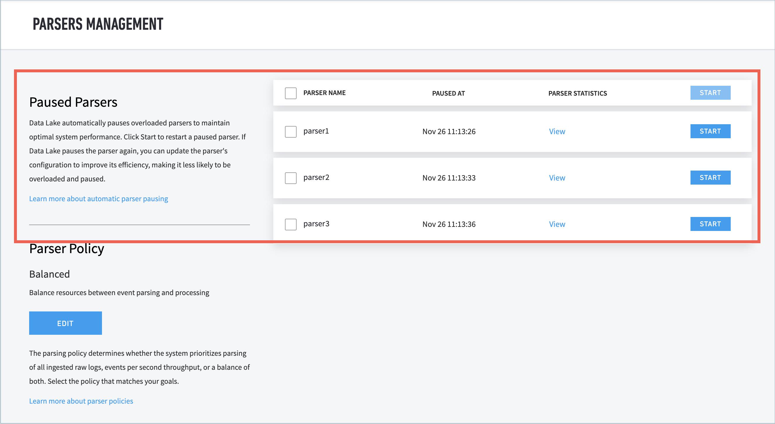 data lake paused parsers