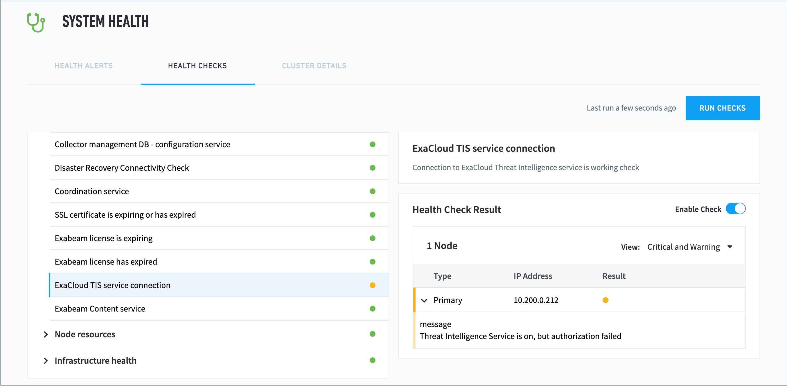 System Health - Data Lake Health Checks page