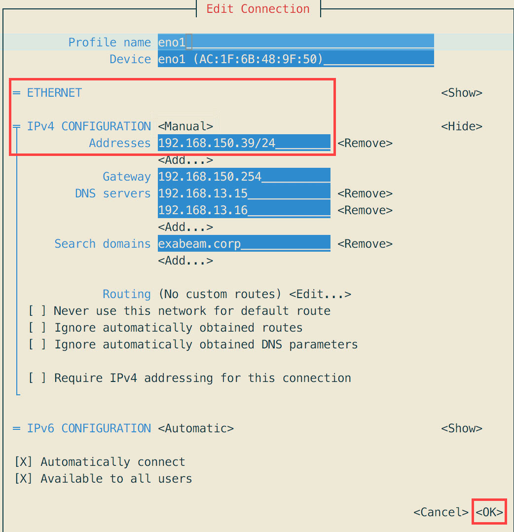 The menu for the network hardware device ​eno1​​, with the ​Ethernet and ​IPv4 Configuration sections highlighted with a red rectangle.