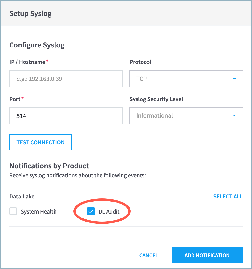 syslog notification setup ui