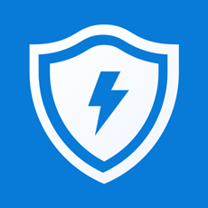 A white shield with a blue lightning bolt against a blue background.