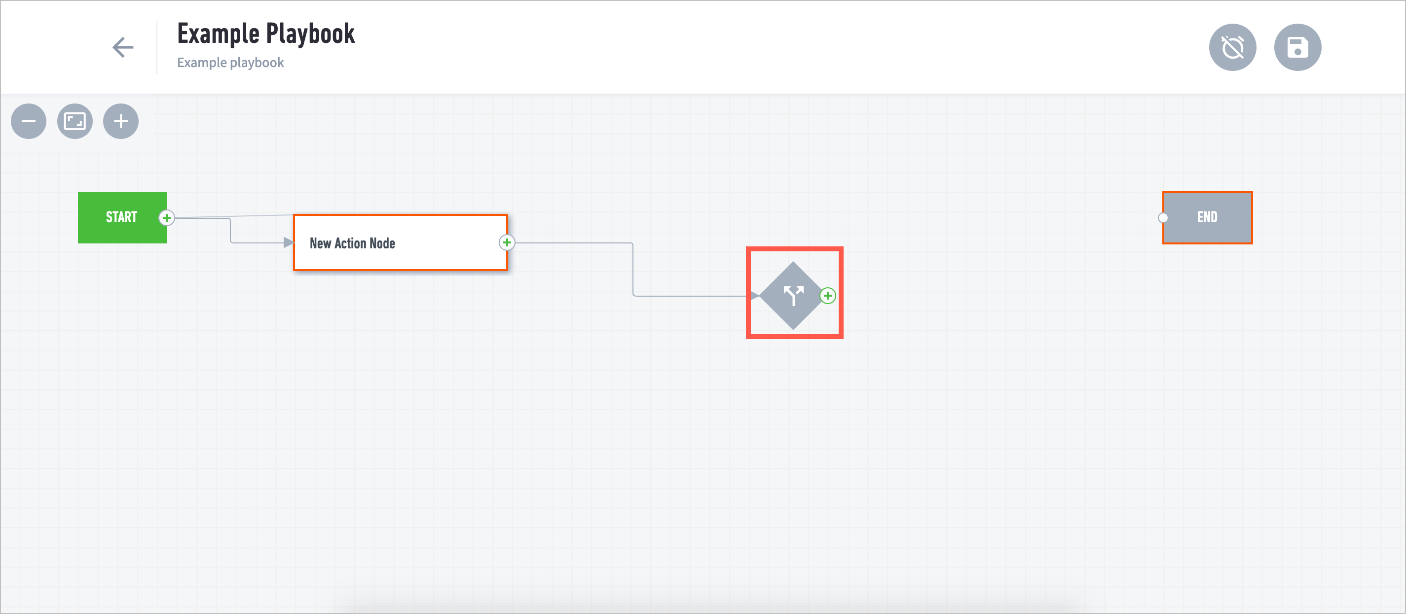 An Example playbook with a start node linked to a New Action Node, linked to a decision node; the decision node is highlighted with a red rectangle.