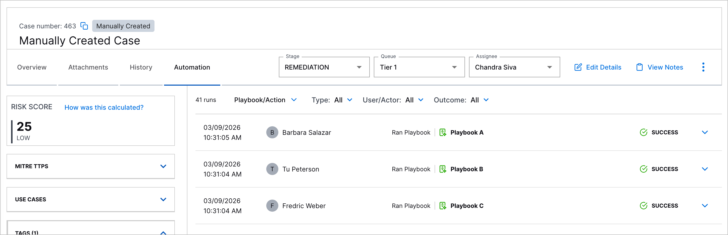 The Automation tab in a manually created case.